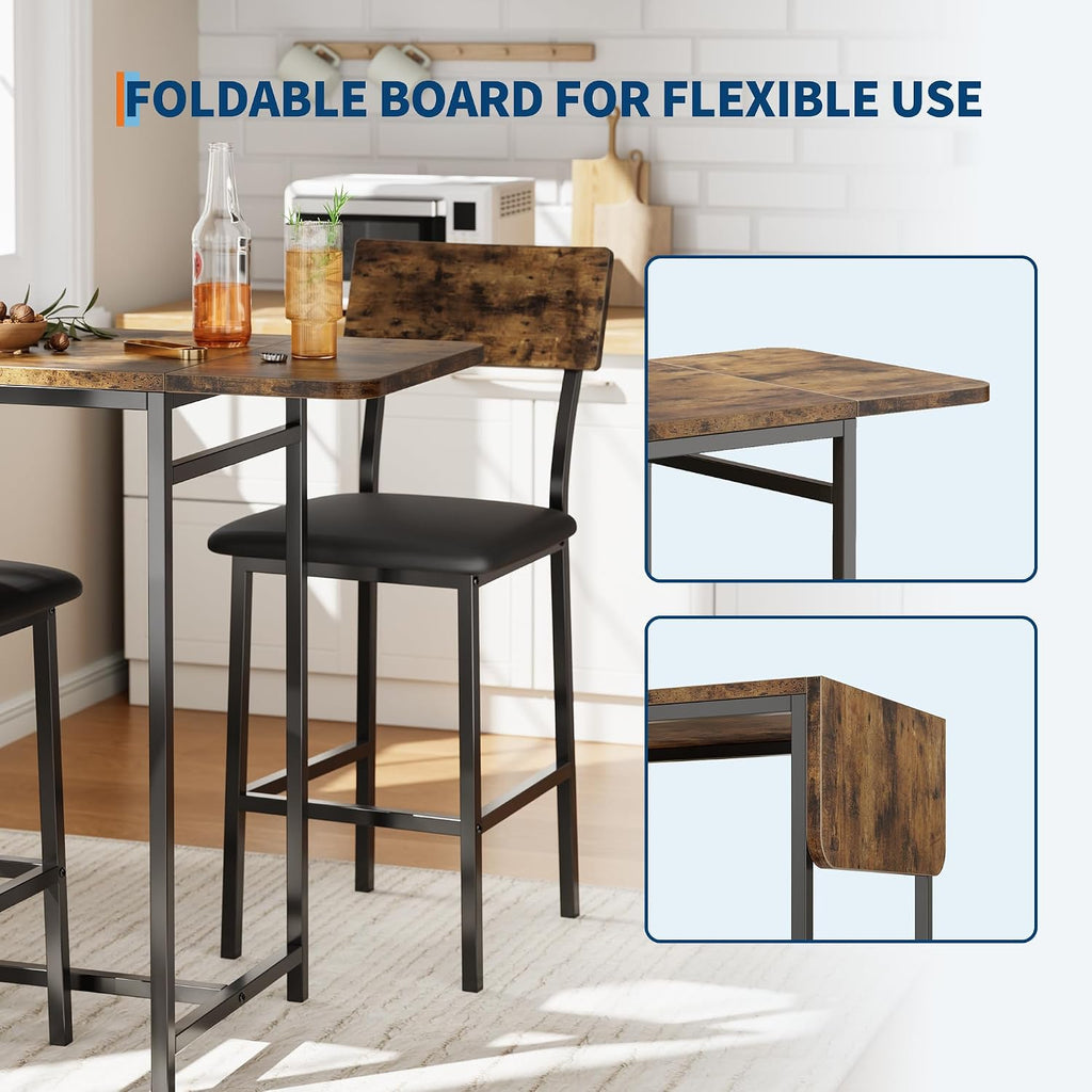 Garvee Dining Table Set for 2, 3-Piece Expandable Bar Table and Chairs Set, with Storage Shelves and Wine Rack, Small Kitchen Dining Set for Living Room, Apartment