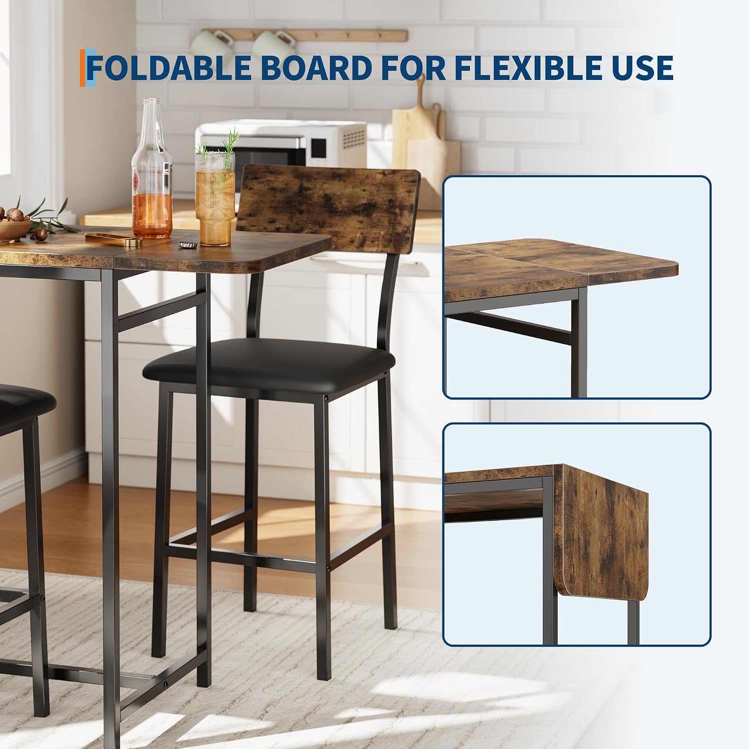 Garvee Dining Table Set for 2, 3-Piece Expandable Bar Table and Chairs Set, with Storage Shelves and Wine Rack, Small Kitchen Dining Set for Living Room, Apartment