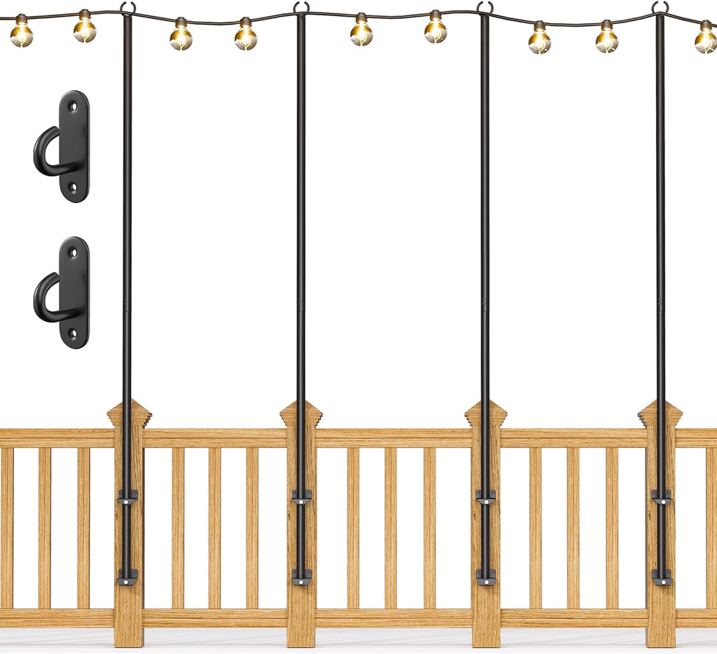 4Pack String Light Poles - Stainless Steel 6.5FT Deck Lights Poles with 4 wall Hooks for Outdoor Light, String Lights, with SS Screws for Wood Posts Deck Decor (Black)