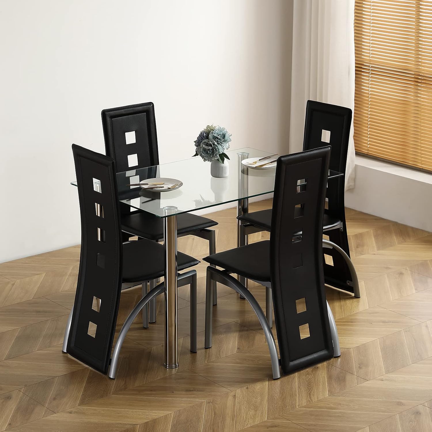 Karl home 5-Piece Dining Table Set with 1 Glass Dining Table and 4 PVC Chairs, Modern Silver Dining Table Set for Kitchen & Breakfast Dining Living Room, Space Saving