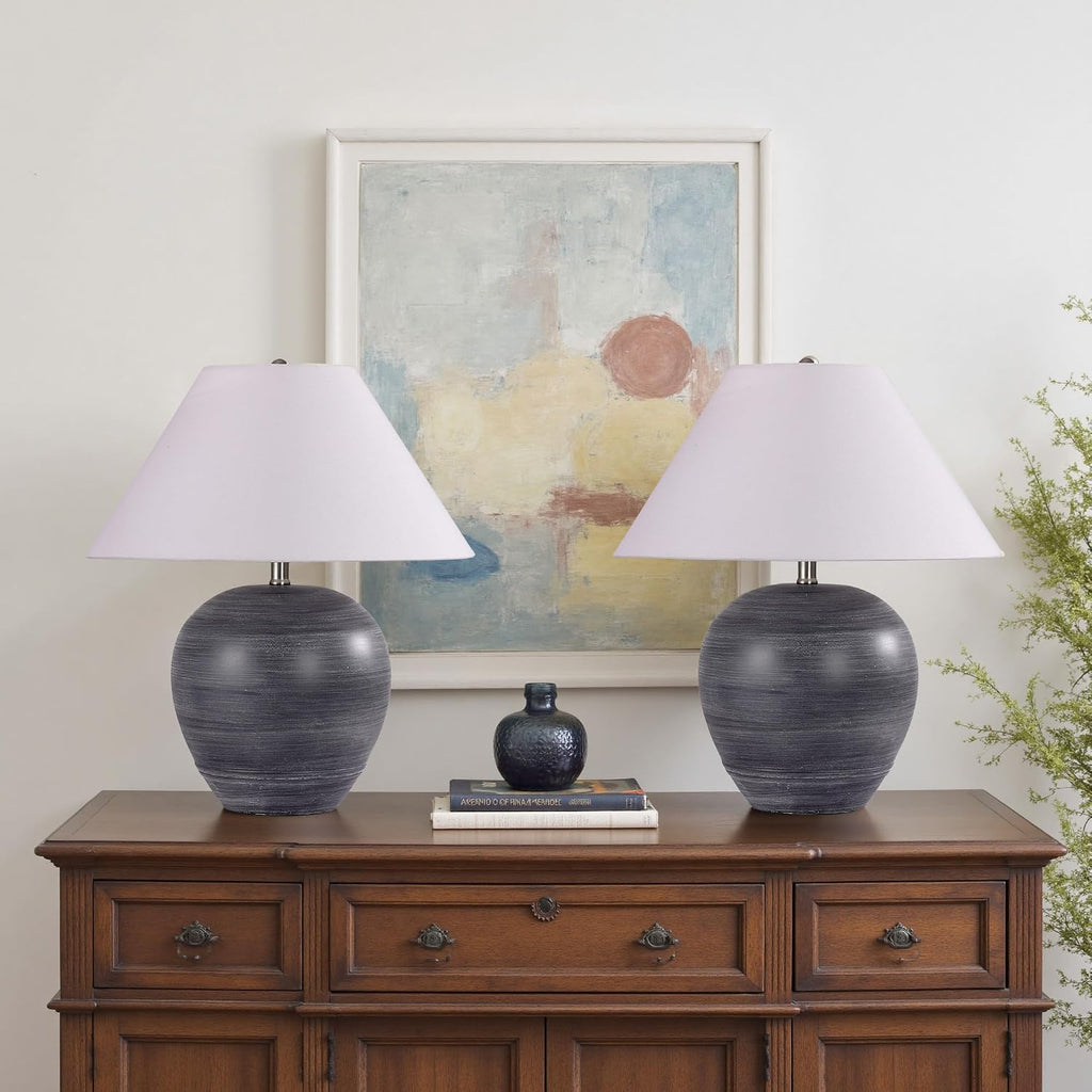 Pia Ricco 21'' Medium Size Black Glossy Ceramic Base Ceramic Basin Table Lamp Set of 2 for Bedroom, Living Room, Dining Room, Office, White Shade,White Striped Black Base