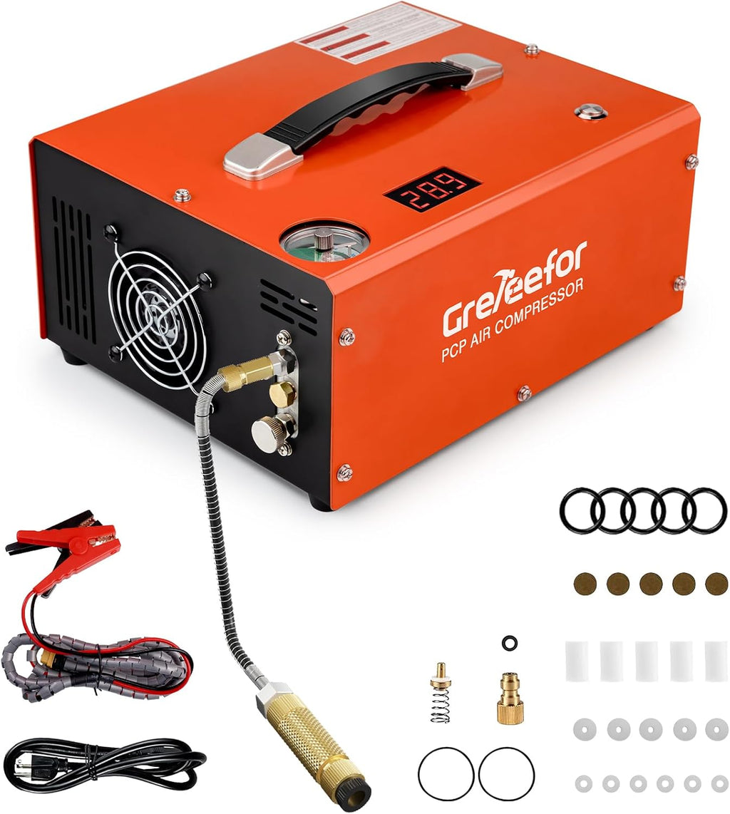 PCP Air Compressor 4500Psi/30Mpa, 350W Oil-Free Fast Fill Pump with Auto Shut-Off, Dual Power 12V DC & 110V/220V AC, Portable Air Pump Paintball, Air Rifle, Airguns HPA Tanks(Compact)