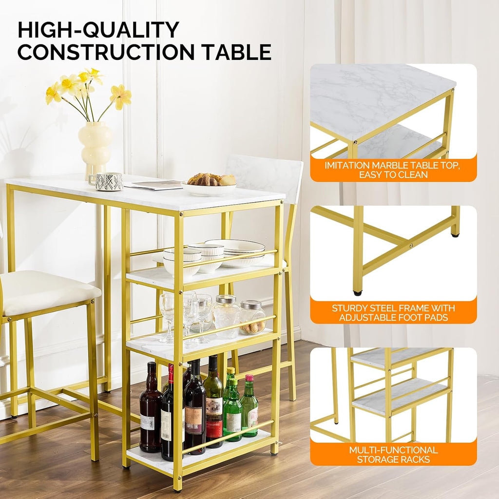 VINGLI Dining Table Set for 2, Kitchen Breakfast Counter Height Small 3 Piece Bar Table and Chairs Set with Storage, White Imitation Marble, Golden Frame