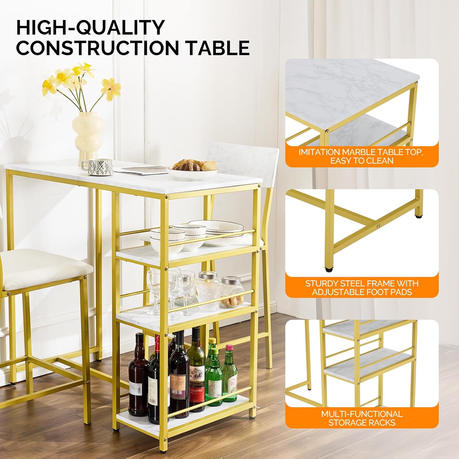 VINGLI Dining Table Set for 2, Kitchen Breakfast Counter Height Small 3 Piece Bar Table and Chairs Set with Storage, White Imitation Marble, Golden Frame