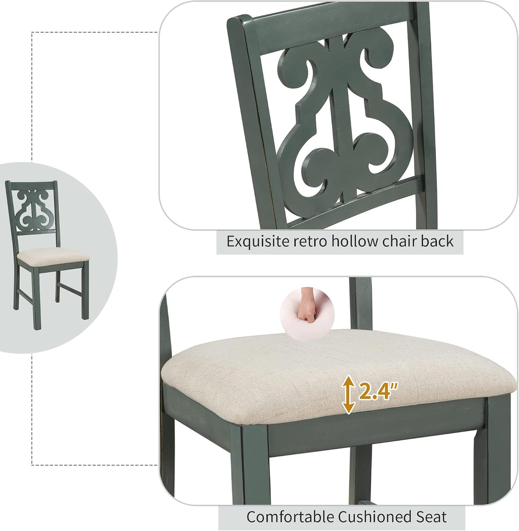 LUMISOL 5-Piece Dining Table Set for 4, Farmhouse Round Kitchen Table Set with Special Shaped Legs and 4 Upholstered Chairs for Kitchen, Dining Room, Small Space, Antique Blue