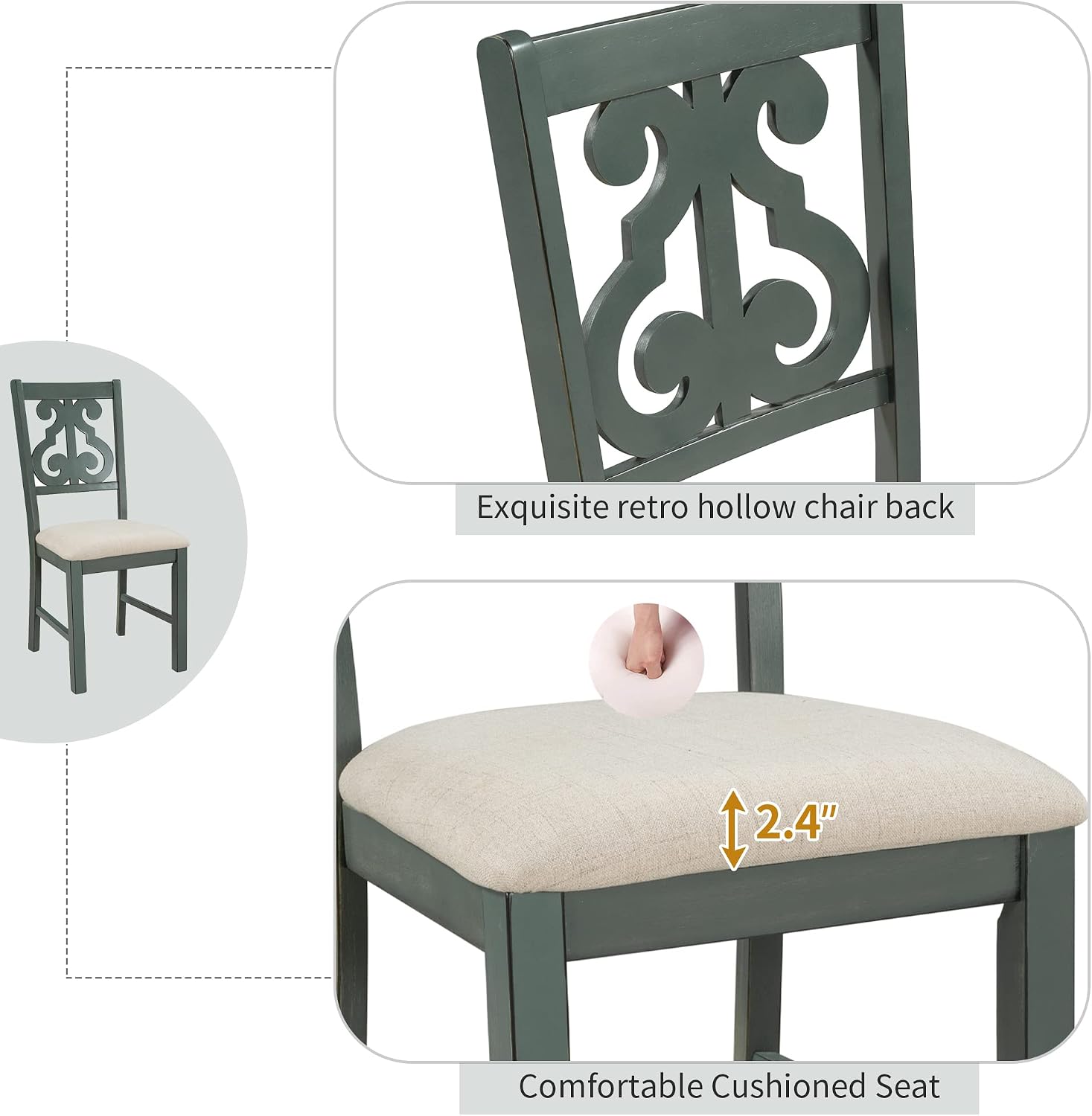 LUMISOL 5-Piece Dining Table Set for 4, Farmhouse Round Kitchen Table Set with Special Shaped Legs and 4 Upholstered Chairs for Kitchen, Dining Room, Small Space, Antique Blue