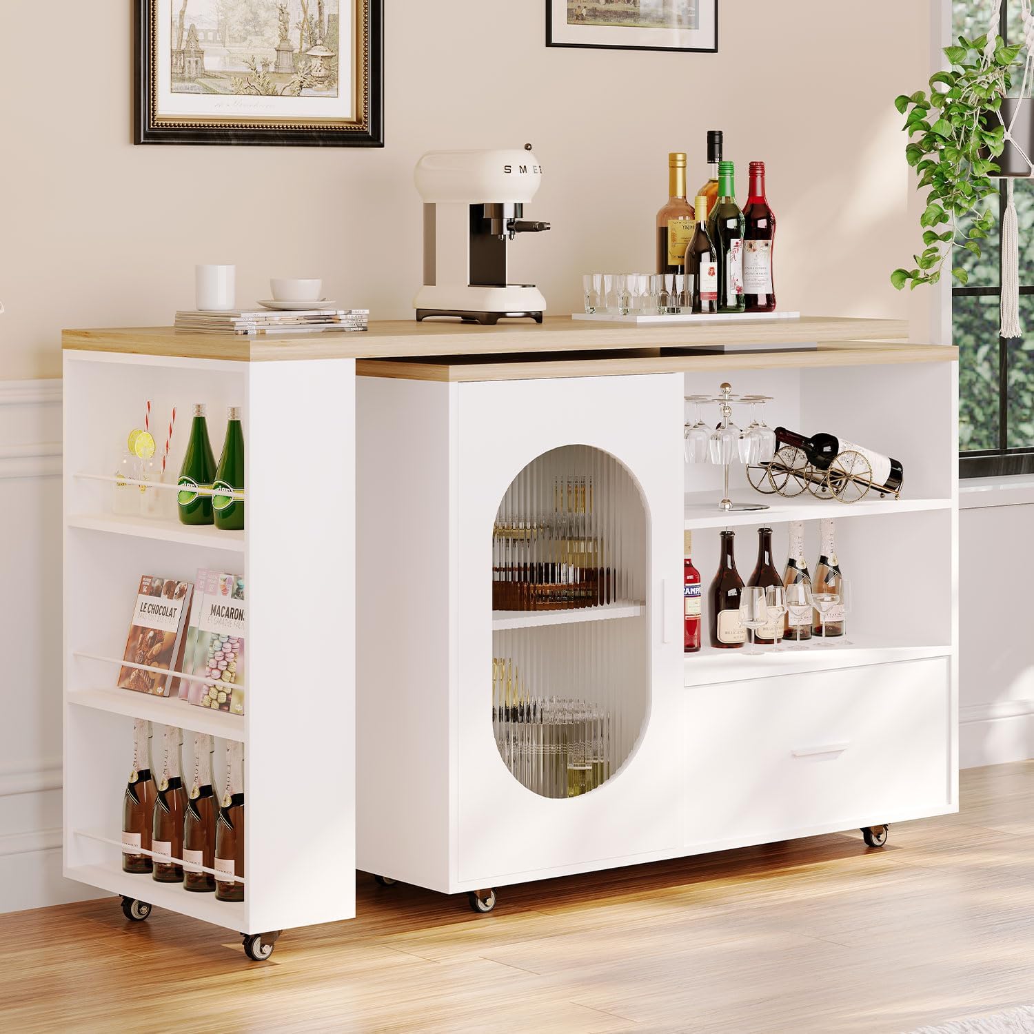 HSH 72.4' Rolling Kitchen Island with Swivel Table, Storage Cabinet, Drawers & Shelves, White Modern Mobile Island Cart on Wheels, Farmhouse Wood Island Table for Kitchen, Dining Room, Home Bar
