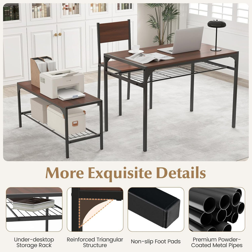 COSTWAY 4 Pieces Dining Table Set, Kitchen Table and 2 Chairs for 4 with Bench, Storage Racks, Metal Frame & Space-Saving Design, Industrial Kitchen Table Set for Small Space, Apartment (Walnut)