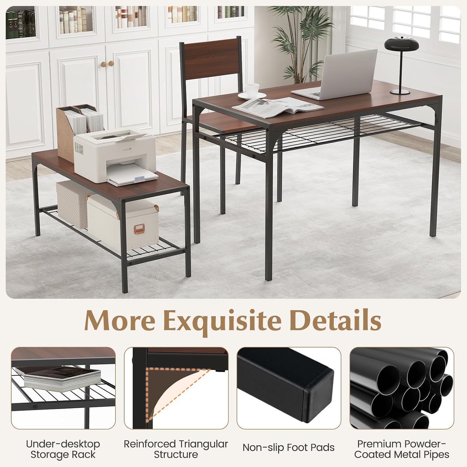 COSTWAY 4 Pieces Dining Table Set, Kitchen Table and 2 Chairs for 4 with Bench, Storage Racks, Metal Frame & Space-Saving Design, Industrial Kitchen Table Set for Small Space, Apartment (Walnut)