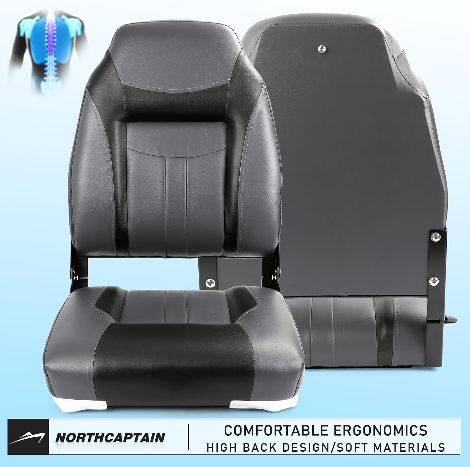 NORTHCAPTAIN S1 Deluxe A Pair of Marine High Back/Low Back Folding Fishing Boat Seat for Fishing, Bass/Jon/Pontoon Boat Chairs, 4 Mounting Screws Included