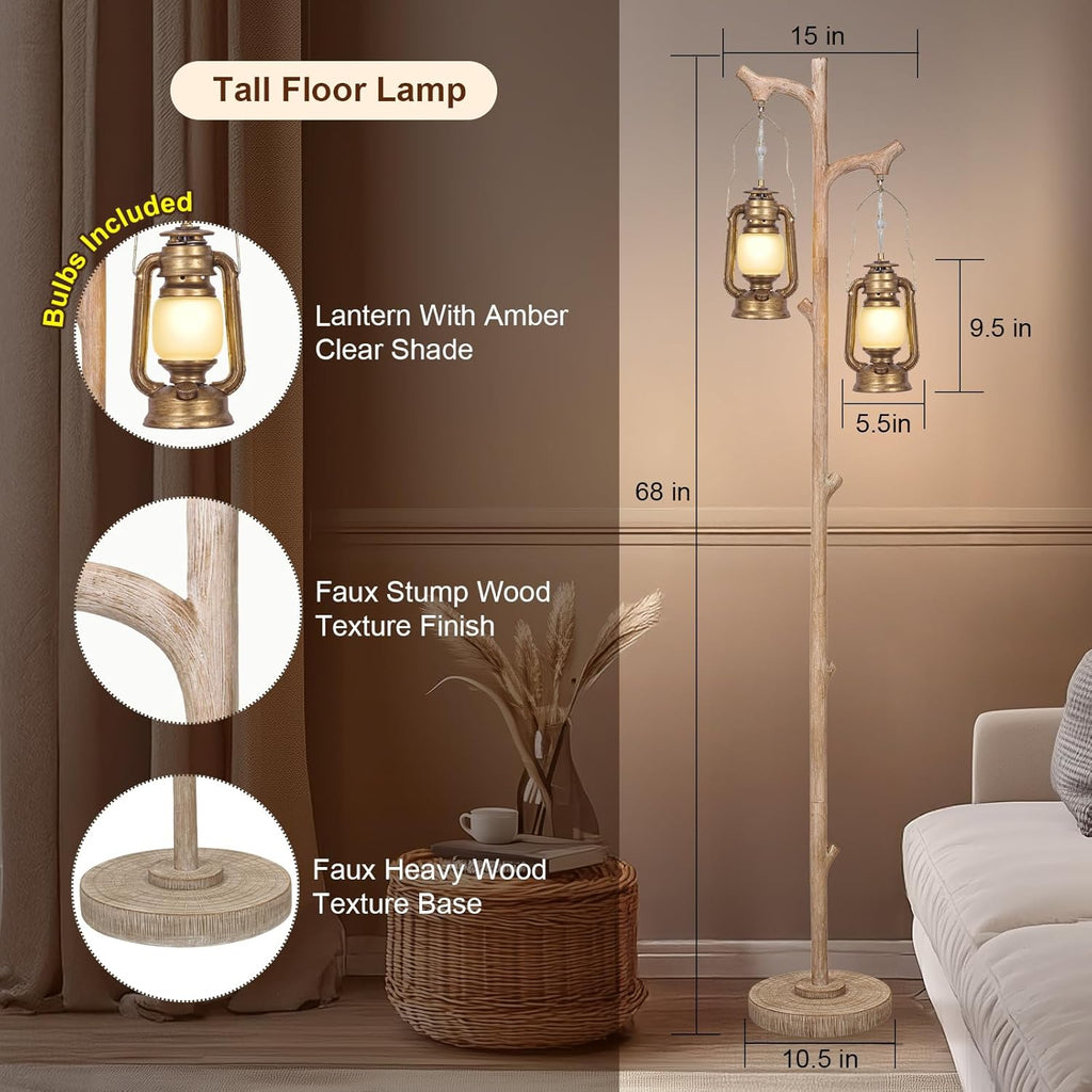 Scenekoy Vintage 68' Tall Floor Lamp with Lanterns, Retro Standing Lamp Tree Trunk Finish & Resin Body, Rustic Dimmable Corner Lamp Stand Up Light with Bulb Prefer for Living Room Bedroom Home Decor