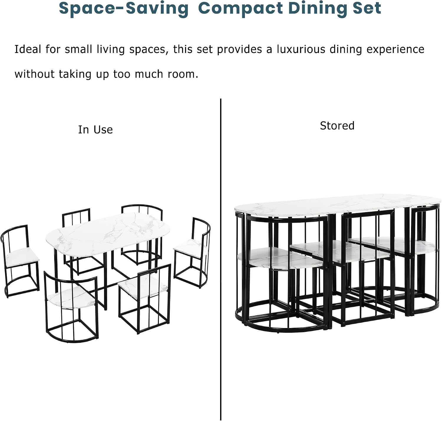 7 Piece Dining Table Set, Metal Kitchen Dining Table Set with Chairs for 6 Persons for Small Space, Black White