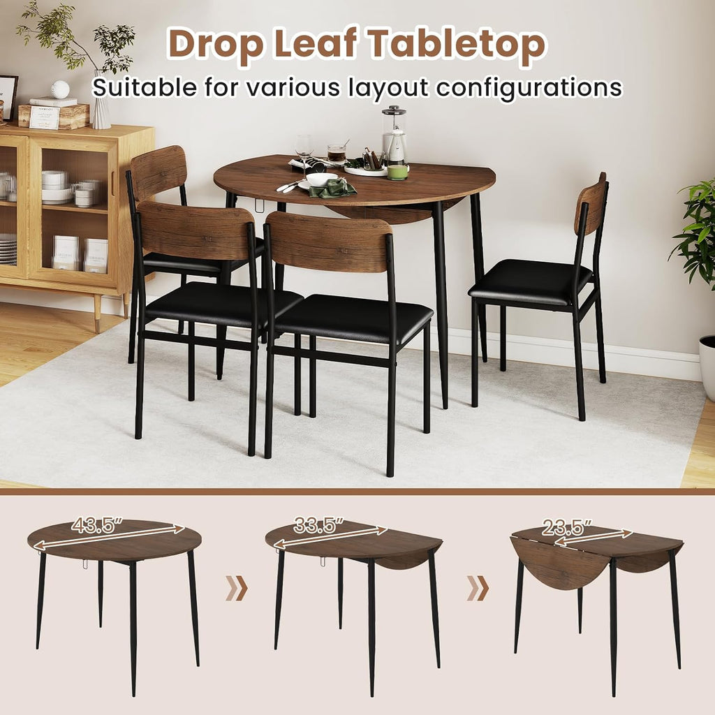 Giantex 5-Piece Dining Table Set for 4, 43.5' Round Kitchen Table and 4 Upholstered Dining Chairs with Drop Leaf Tabletop, Sturdy Metal Frame, Space Saving Farmhouse Dinette Set for Dinette Dinner