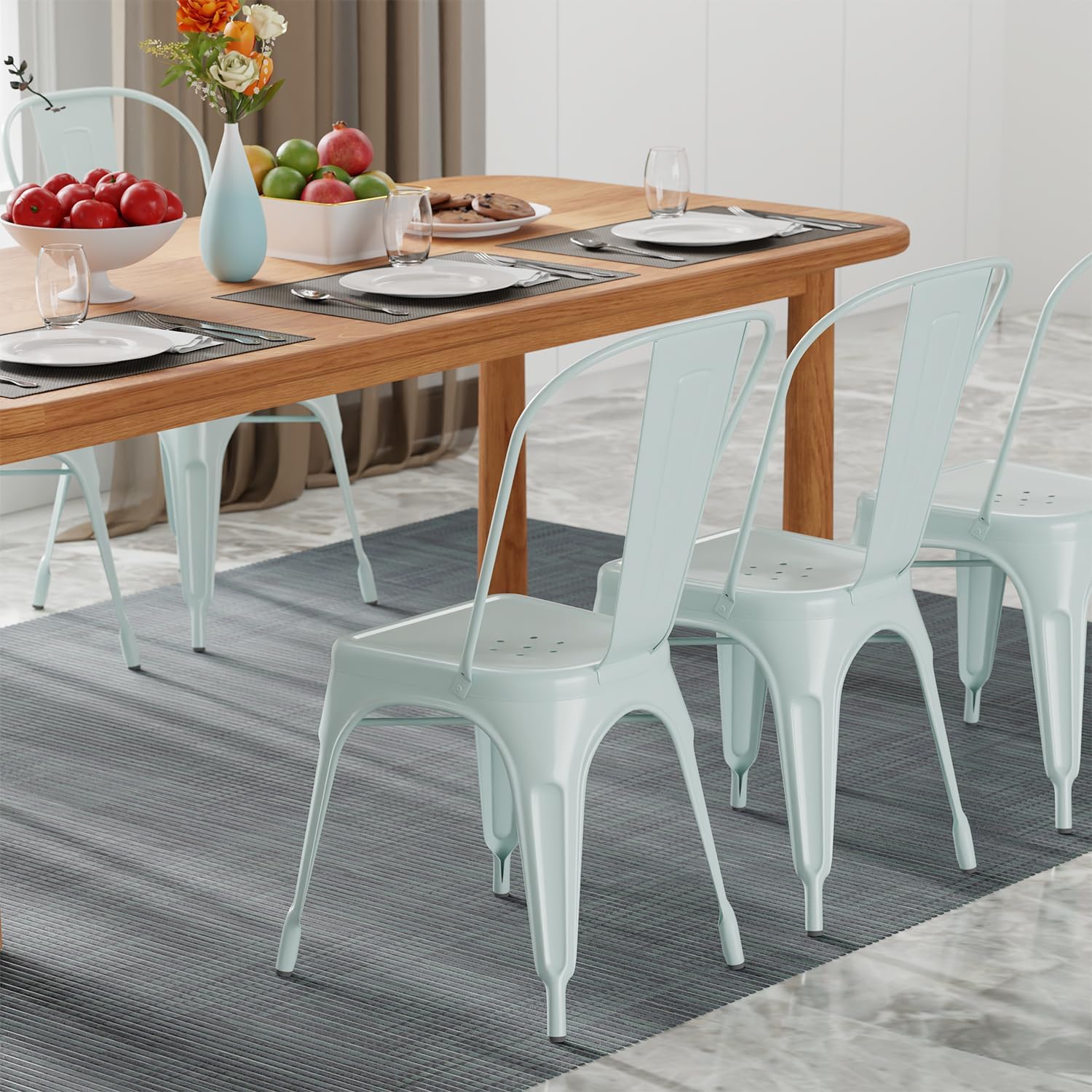 FDW | Set of 4 Metal Dining Chairs | Blue | Stackable Tolix Side Chairs with Backrest | Scratch-Resistant | Non-Slip Feet | Indoor/Outdoor Use | 330 lbs Capacity | Ideal for Kitchen & Restaurant
