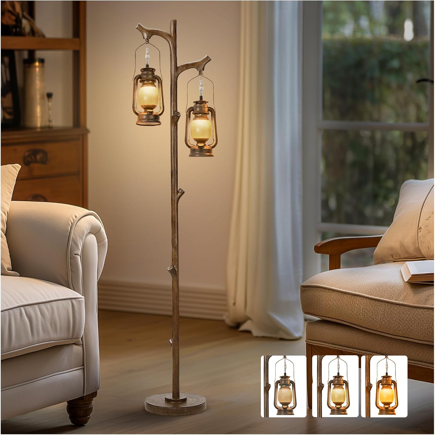 68' Rustic Farmhouse Tree Trunk Floor Lamp Country Brown Finish Wood Vintage Standing Tall Lamp With lantern Stepless Dimmable Industrial floor Lamp Decor for Bedroom Living Room Office Hotel