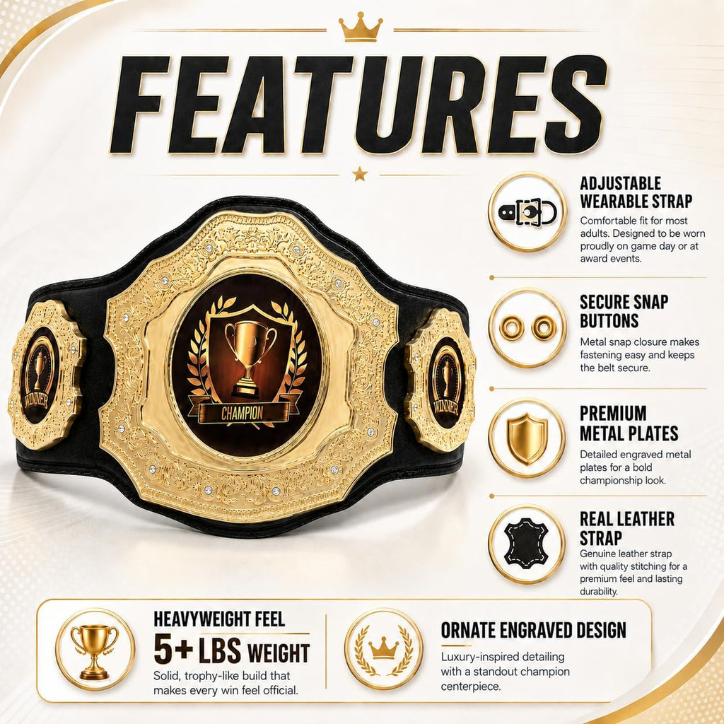 HANDSY Die Cast Heavy Championship Belt Adult – Real Leather Trophy Belt for Sports, Awards, Gifts, Events, Wrestling, and Prizes