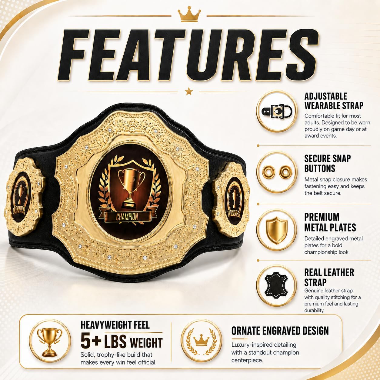 HANDSY Die Cast Heavy Championship Belt Adult – Real Leather Trophy Belt for Sports, Awards, Gifts, Events, Wrestling, and Prizes