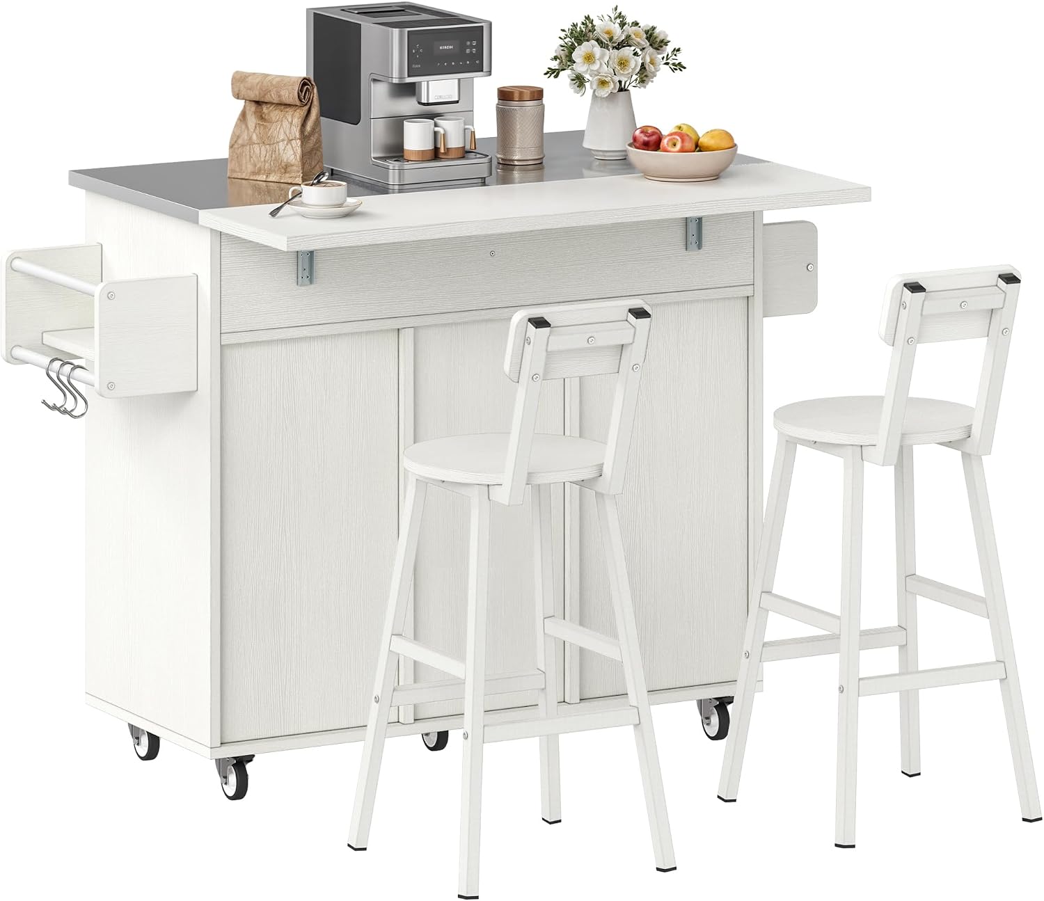 DWVO Kitchen Island with Seating, Mobile Kitchen Storage Island with Drop Leaf Countertop, Large Kitchen Island Table with Drawers, Cabinets, Bar Stools, Towel Rack and Spice Rack, White