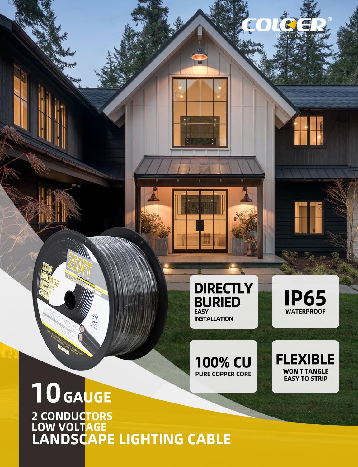 COLOER 250ft 10/2 Low Voltage Landscape Lights Wire Stranded PVC Cord Pure Copper Cable 10 Gauge 2 Conductor Tangle Free Outdoor Landscape Lighting Direct Burial Electrical Cable