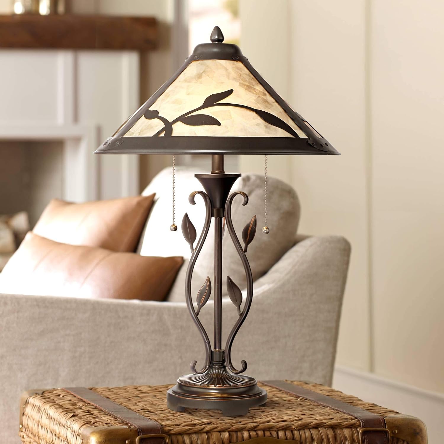 Franklin Iron Works Feuille 23 3/4' High Leaf and Vine Small Farmhouse Rustic Country Cottage Core Accent Table Lamps Set of 2 Pull Chain Brown Living Room Bedroom Bedside Nightstand Mica Shade