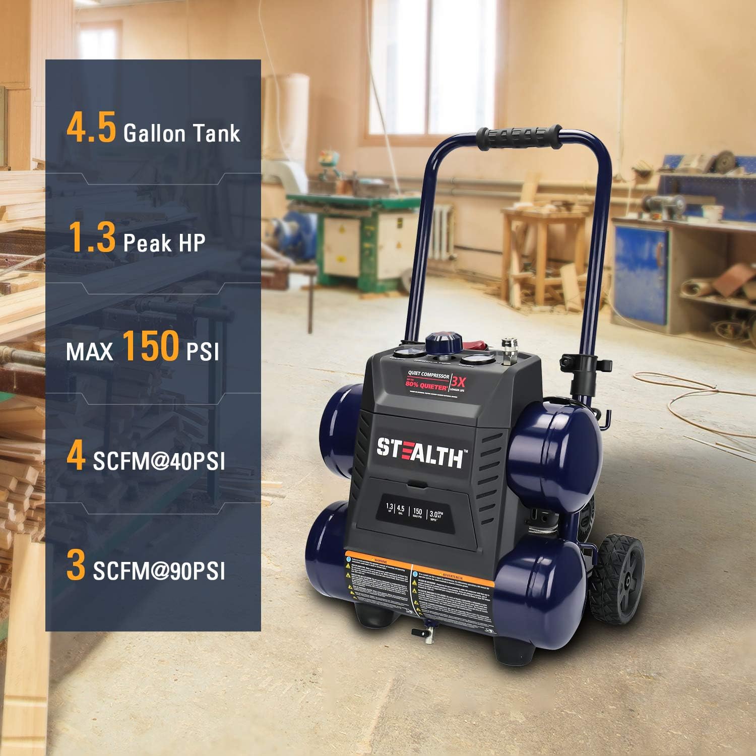 Stealth Quiet Air Compressor with Wheel, 64 Decibel 4.5 Gallon Peak 1.3 HP Max 150 PSI, Oil-Free Air Pump, 3 CFM @ 90 PSI Portable Air Compressor for Garage, Workshop, Jobsite SAQ-1413