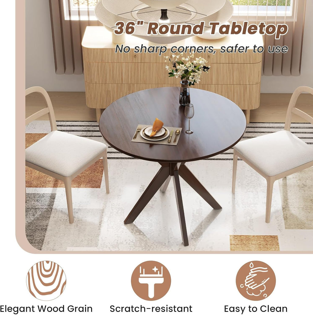Giantex 36' Round Wood Dining Table, Farmhouse Kitchen Table with Intersecting Pedestal Base & Solid Rubber Wood Legs, Vintage Coffee Tables for Dinette, Small Spaces, Restaurant, Brown