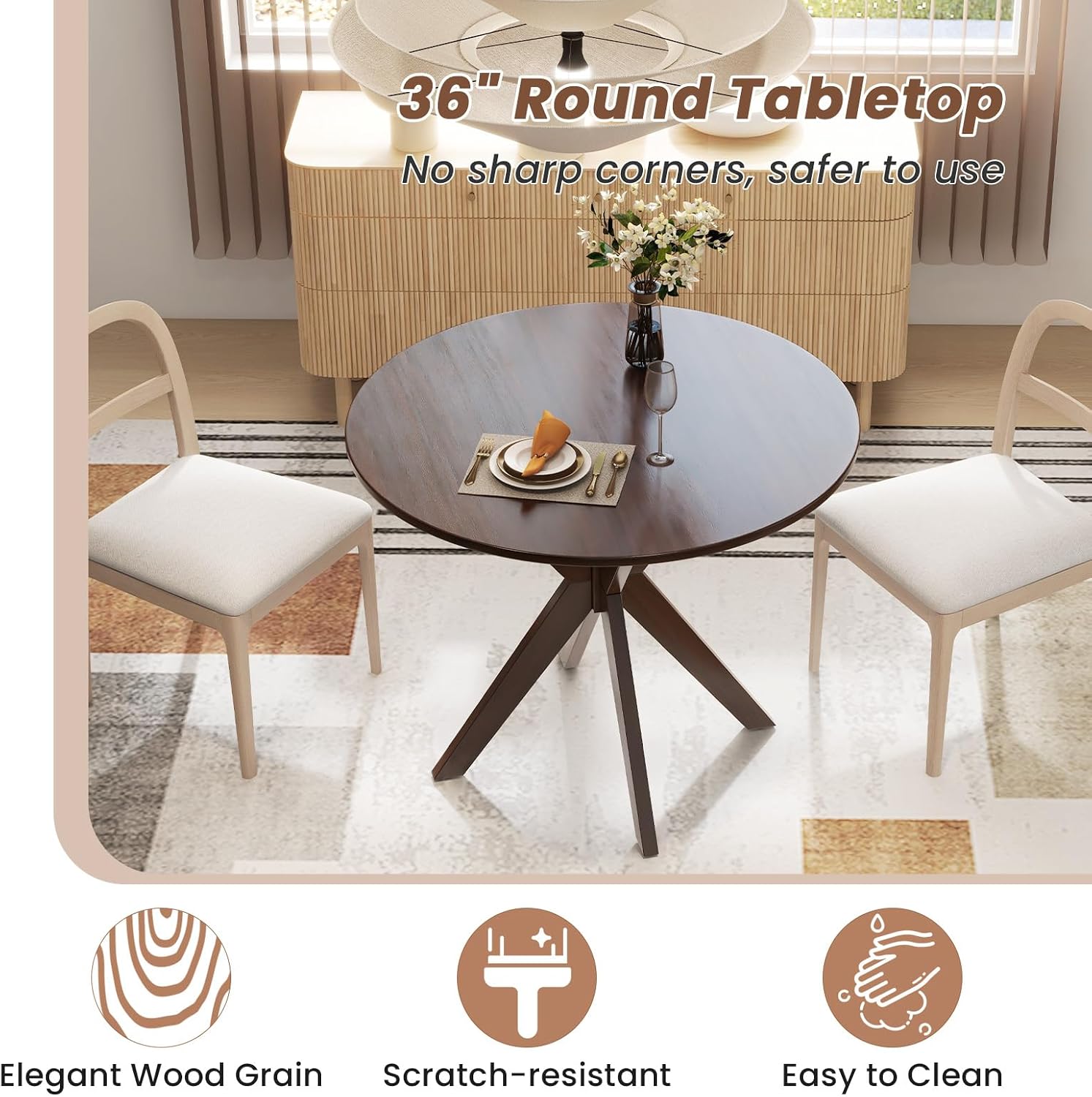 Giantex 36' Round Wood Dining Table, Farmhouse Kitchen Table with Intersecting Pedestal Base & Solid Rubber Wood Legs, Vintage Coffee Tables for Dinette, Small Spaces, Restaurant, Brown