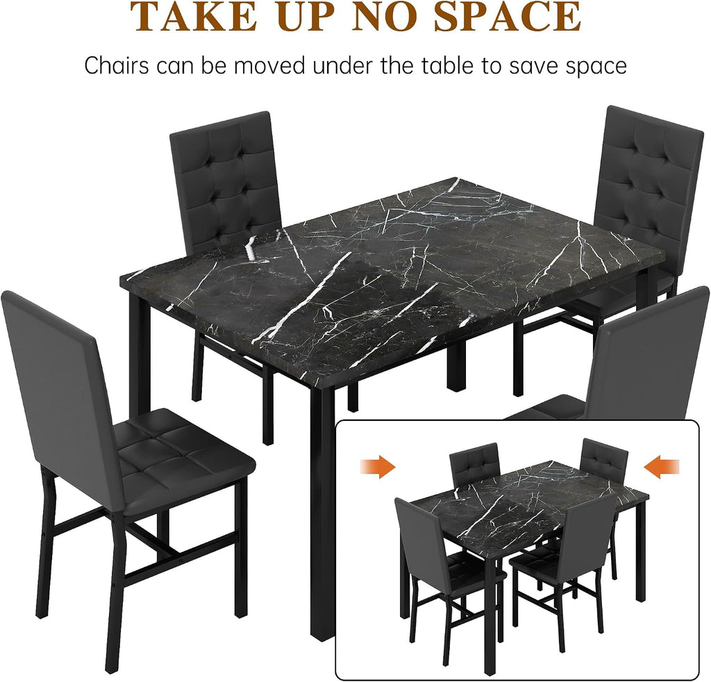 AWQM Dining Table Set for 4,Faux Marble Kitchen Table and Chairs Set of 4, Modern Dining Room Table Set for 4,Dinner Table with 4 Leather Chairs, Dinette Set for Small Spaces (Black&Black)