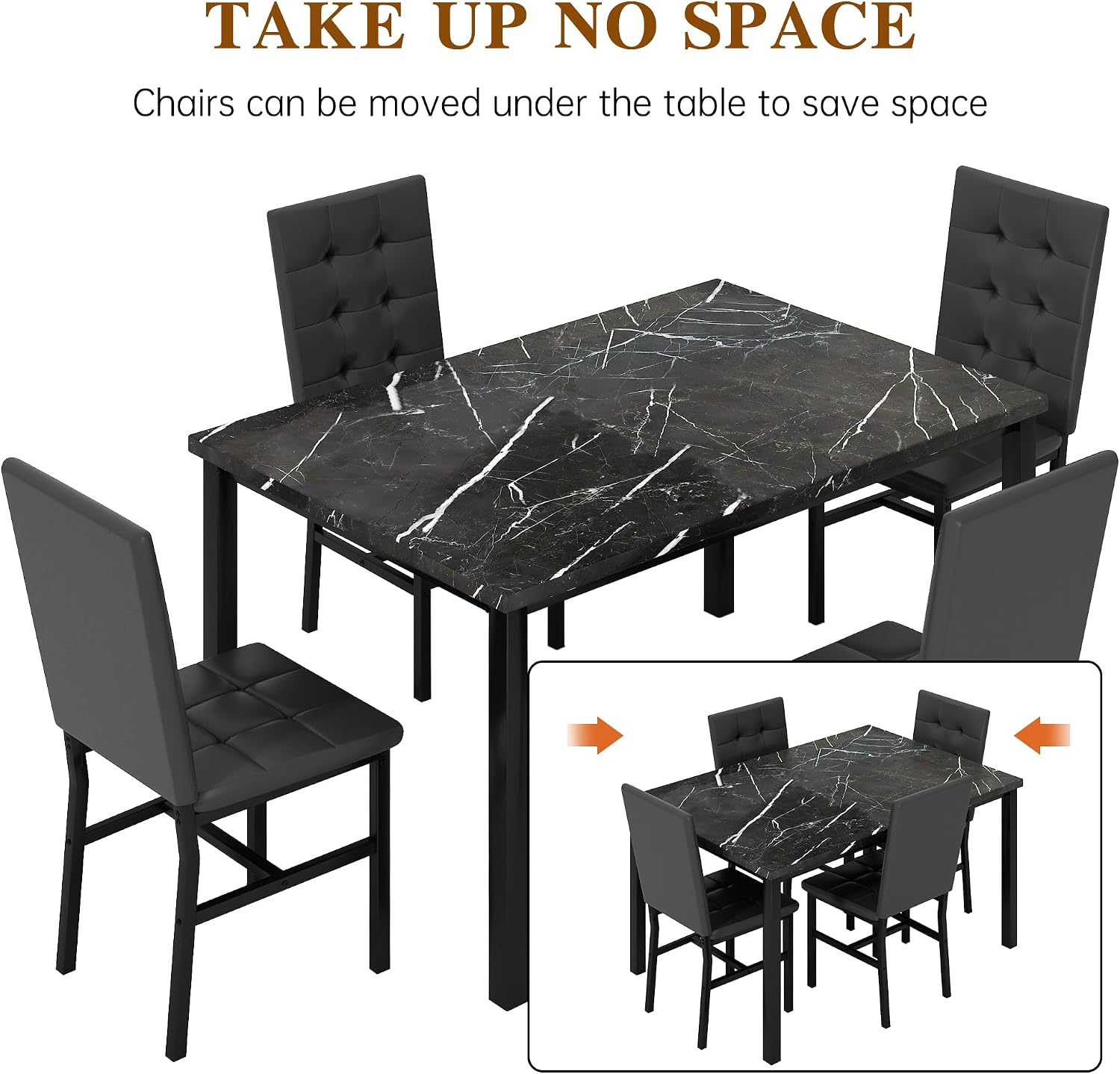 AWQM Dining Table Set for 4,Faux Marble Kitchen Table and Chairs Set of 4, Modern Dining Room Table Set for 4,Dinner Table with 4 Leather Chairs, Dinette Set for Small Spaces (Black&Black)