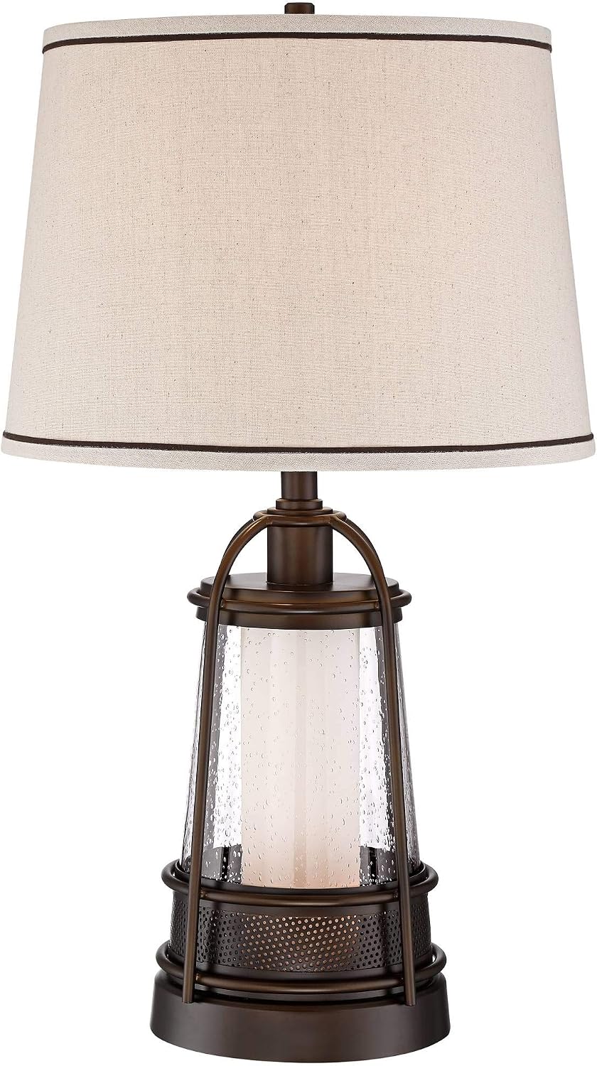 Franklin Iron Works Hugh Industrial Rustic Table Lamp 26' High with LED Nightlight Bronze Metal Seeded Glass Off White Drum Shade for Bedroom Living Room House Home Bedside Nightstand Office Family