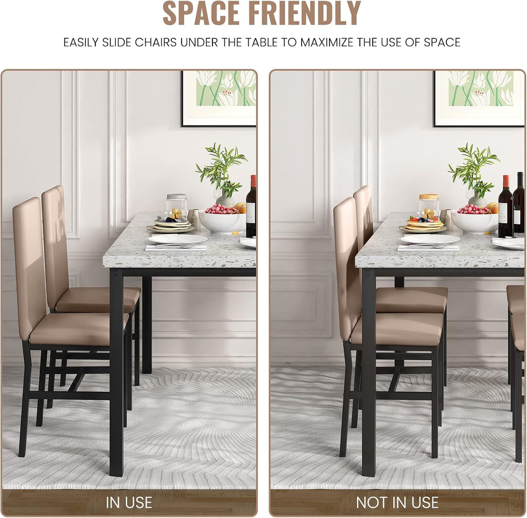 Hooseng 5 Piece Dining Table Set for 4, Small Faux Marble Kitchen Table with 4 PU Leather Chairs, Modern Dining Room Table Set for Small Space, Breakfast Nook, Dinette