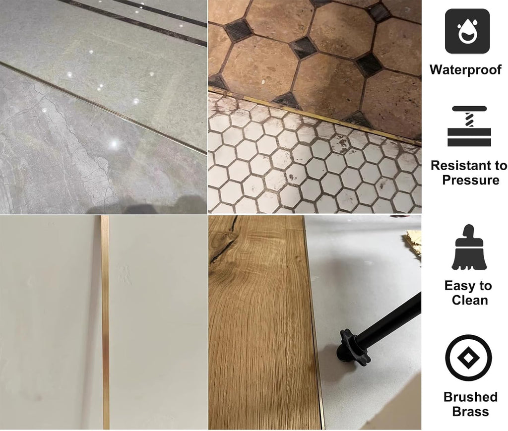 Floor Transition Strip Brushed Brass Edge Strip for Doorway, Solid Metal Gap Bar for Tile/Wood, Rectangle Threshold Seam Ramp