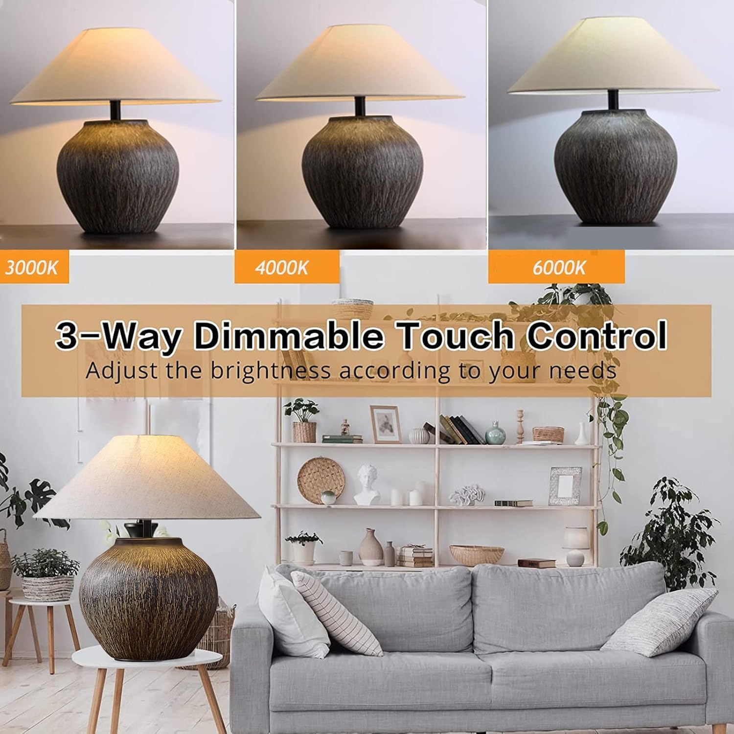 Rustic Farmhouse Table Lamp 20.8' Neutral Ceramic Table Lamp Brown White Checkered Ceramic with Linen Drum Shade Decor Bedside Nightstand for Living Room Bedroom (Large)