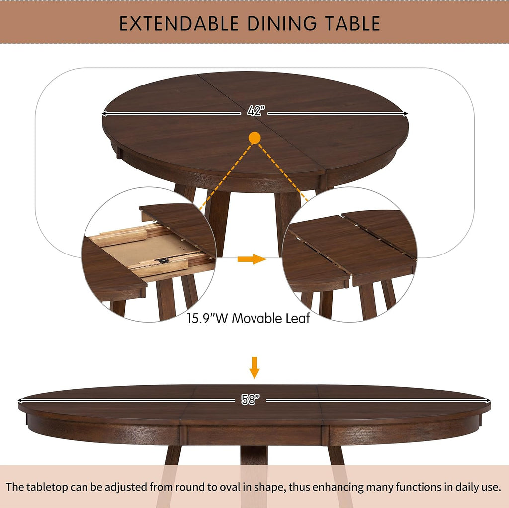 Bellemave 5-Piece Dining Table Set, Extendable Round Dining Table with 16' Removable Leaf, 4 Upholstered Button Tufted Chairs, Acacia Veneer Tabletop (Walnut)
