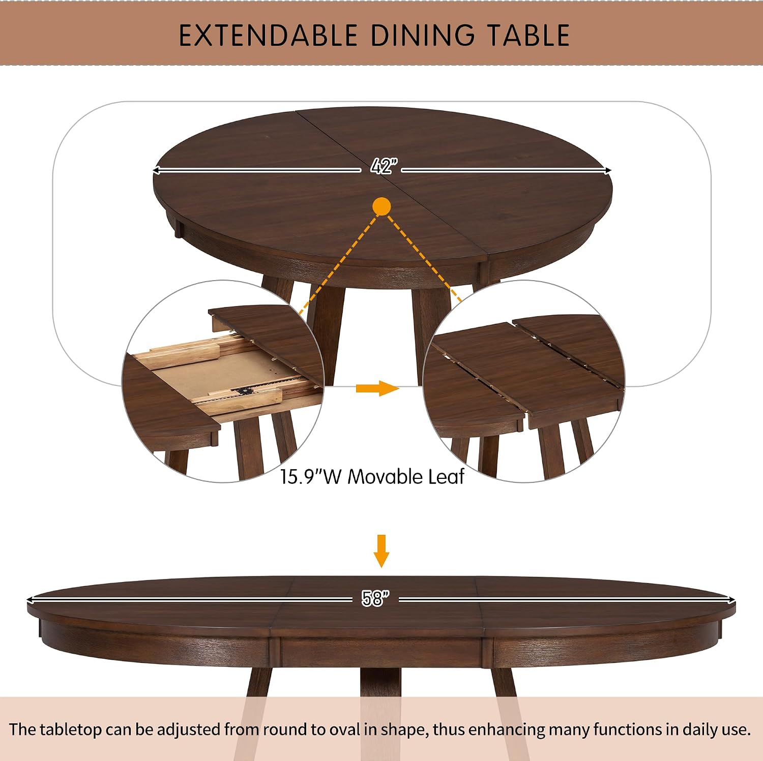 Bellemave 5-Piece Dining Table Set, Extendable Round Dining Table with 16' Removable Leaf, 4 Upholstered Button Tufted Chairs, Acacia Veneer Tabletop (Walnut)