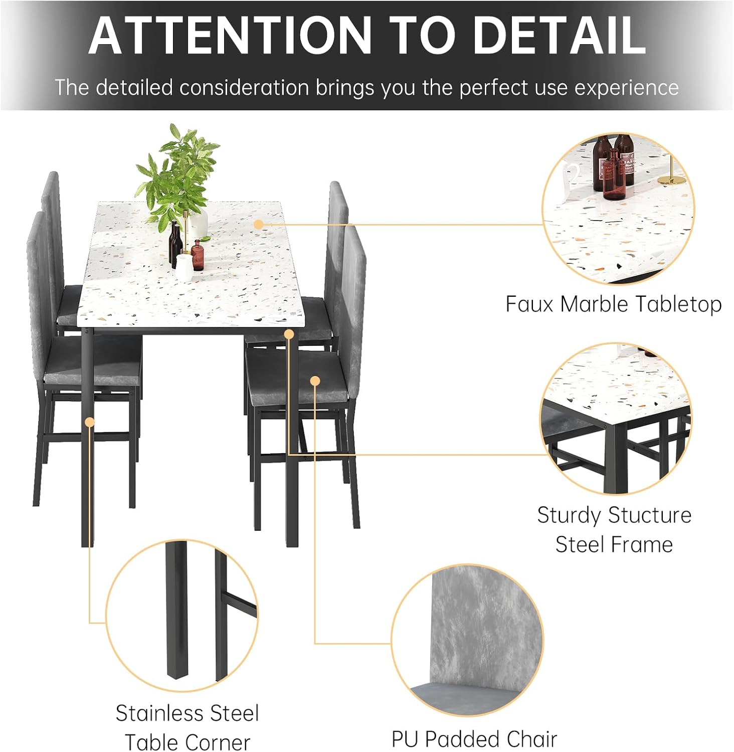 Hooseng 5 Piece Dining Table Set for 4, Small Faux Marble Kitchen Table with 4 Velvet Chairs, Modern Dining Room Table Set for Small Space, Breakfast Nook, Dinette