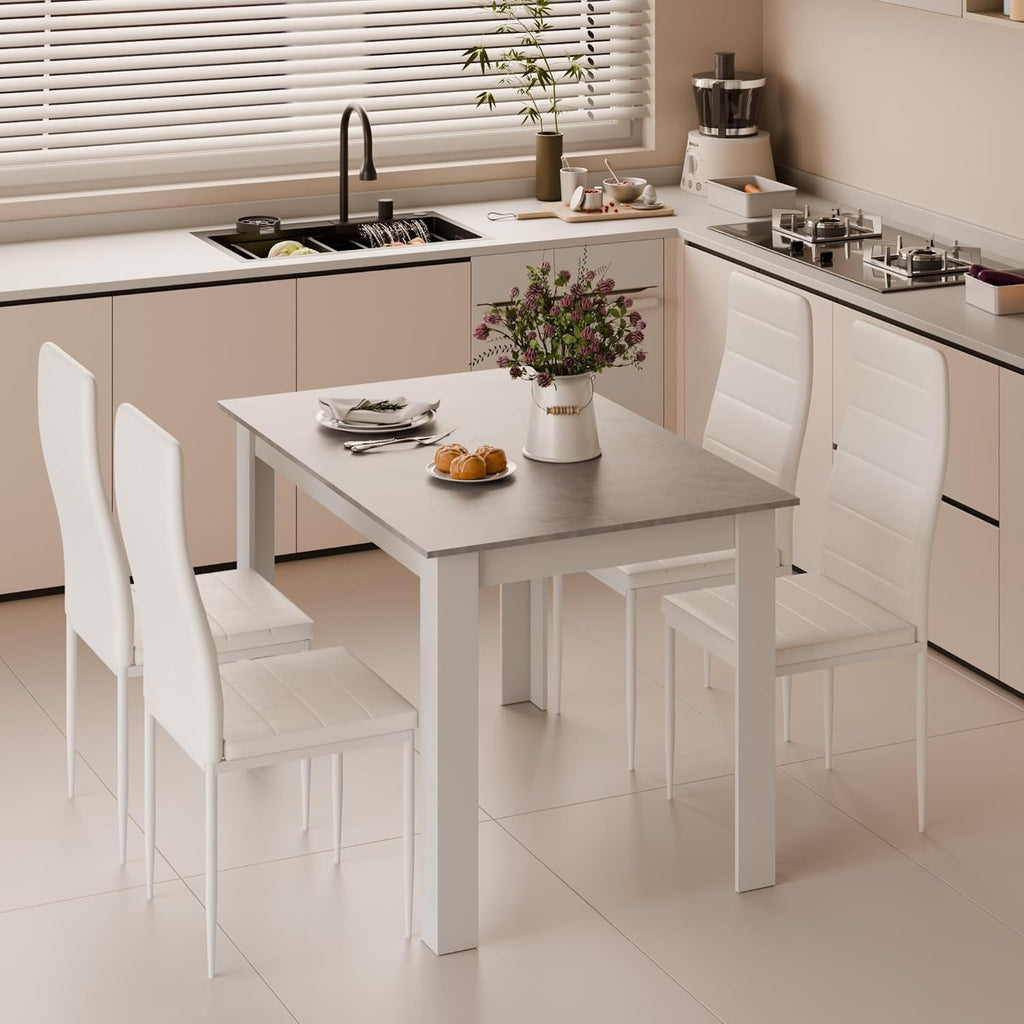 Mondeer Dining Table Set for 4, Kitchen Table Chairs with High Back Faux Leather, Space-Saving Dining Room and Home Office Set, 47.2 x 35.4 x 29.5'' (Grey Table and White Chairs)