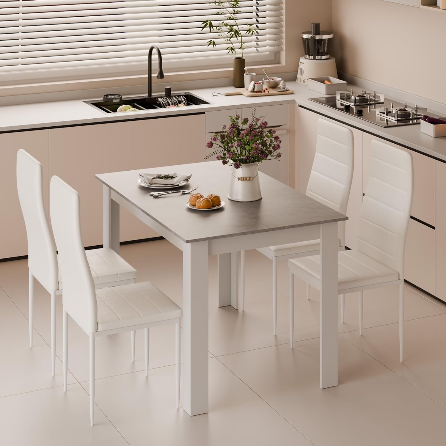Mondeer Dining Table Set for 4, Kitchen Table Chairs with High Back Faux Leather, Space-Saving Dining Room and Home Office Set, 47.2 x 35.4 x 29.5'' (Grey Table and White Chairs)