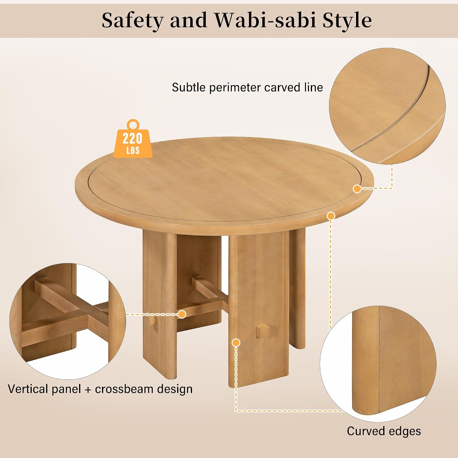 Merax 5-Piece Round Dining Table Set for 4, Minimalist Farmhouse Dining Table with 4 Upholstered Chairs, Kitchen & Dining Room Sets, Beige+Natural