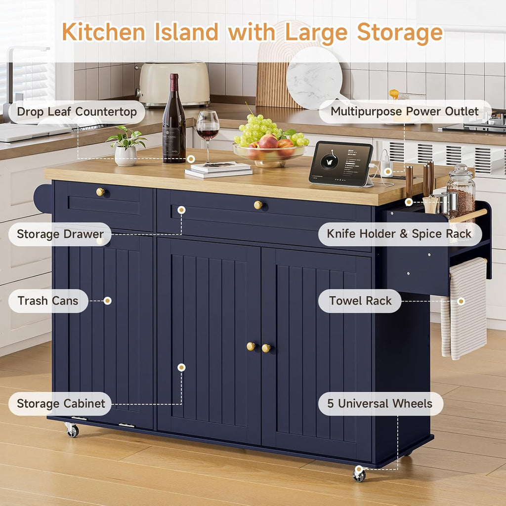 ONBRILL 60' Kitchen Island with Power Outlet & Drop Leaf, Mobile Storage Island with Spice Rack & Towel Rack, 4 Levels, Blue