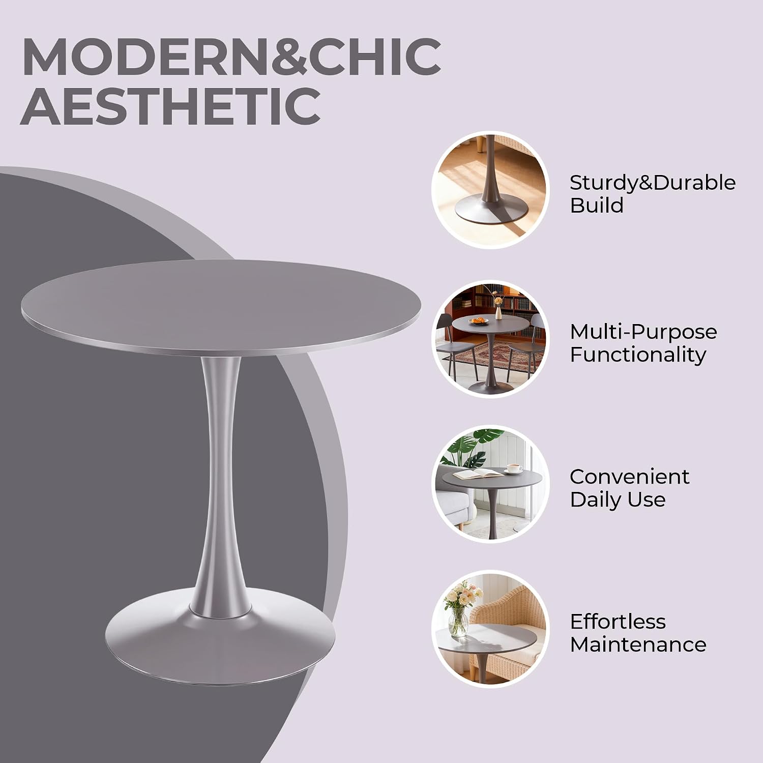 31.5' Tulip Table for 2-4 Persons Modern Round Dining Room Table, Mid-Century Modern Grey Small Kitchen Table with MDF Wooden Top, Leisure Coffee Table for Living Room, Dining Room, Office