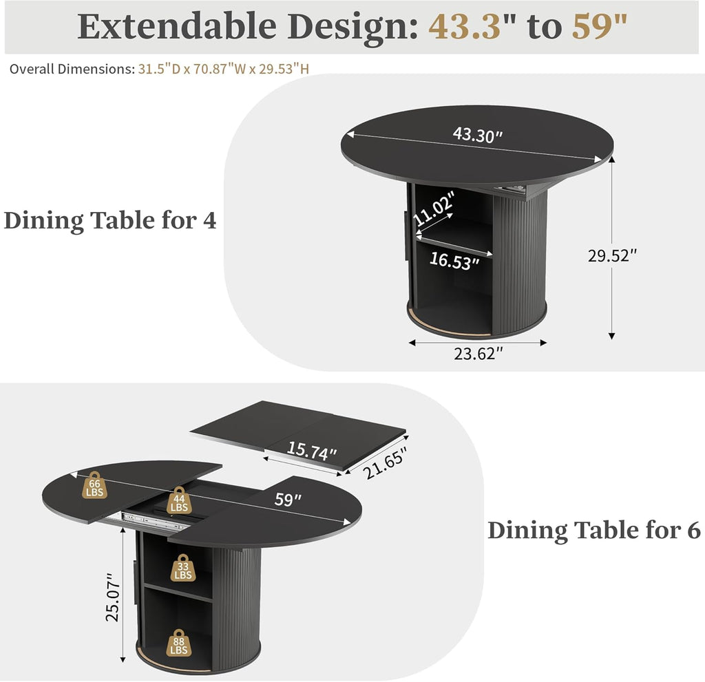 weselon 43'-59' Extendable Round to Oval Dining Table with Hidden Storage, Modern Wooden Kitchen Table with Fluted Sliding Door Cabinet, Expandable Dinner Table for Dining Room Living Room (Black)