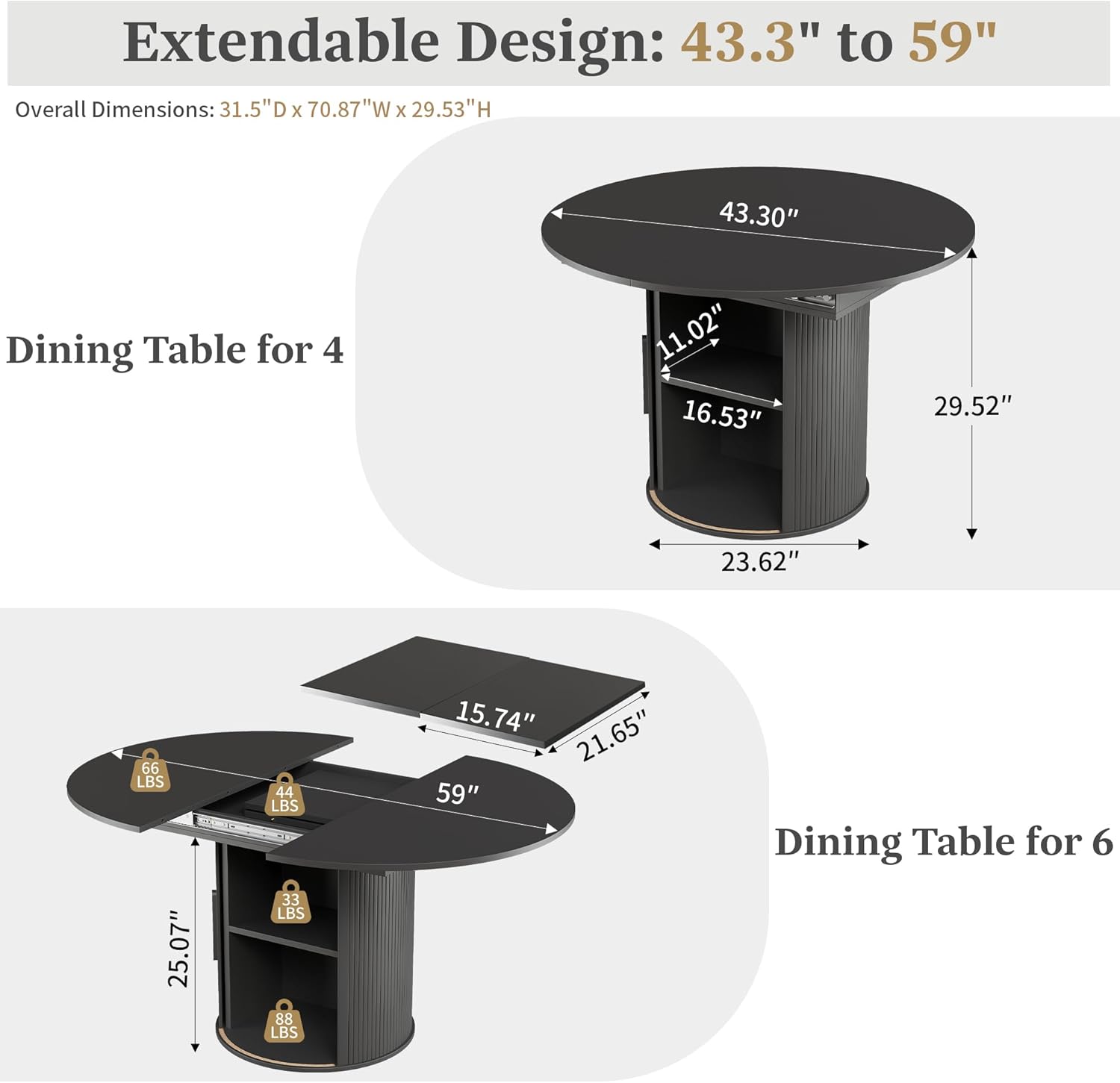 weselon 43'-59' Extendable Round to Oval Dining Table with Hidden Storage, Modern Wooden Kitchen Table with Fluted Sliding Door Cabinet, Expandable Dinner Table for Dining Room Living Room (Black)