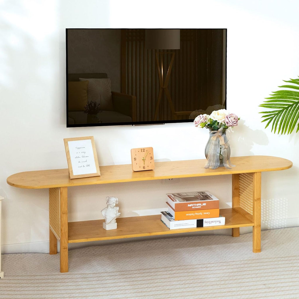 HollyHOME Bamboo TV Stand with Storage for TVs up to 65', Modern Entertainment Center with Rattan Side, Accent TV Table with 2 Shelf, Media Console TV Stand for Living Room, Bedroom, Burlywood