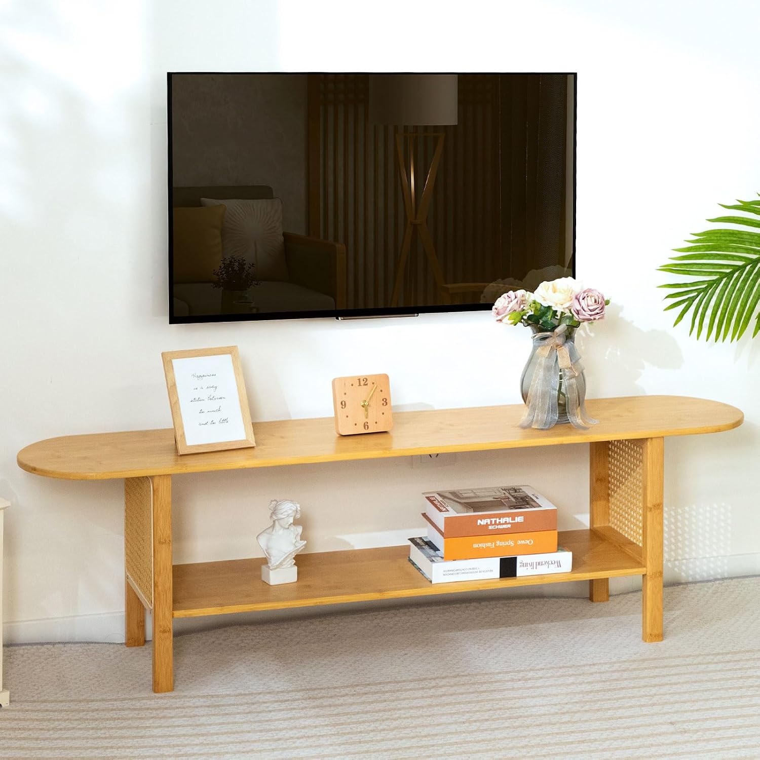 HollyHOME Bamboo TV Stand with Storage for TVs up to 65', Modern Entertainment Center with Rattan Side, Accent TV Table with 2 Shelf, Media Console TV Stand for Living Room, Bedroom, Burlywood