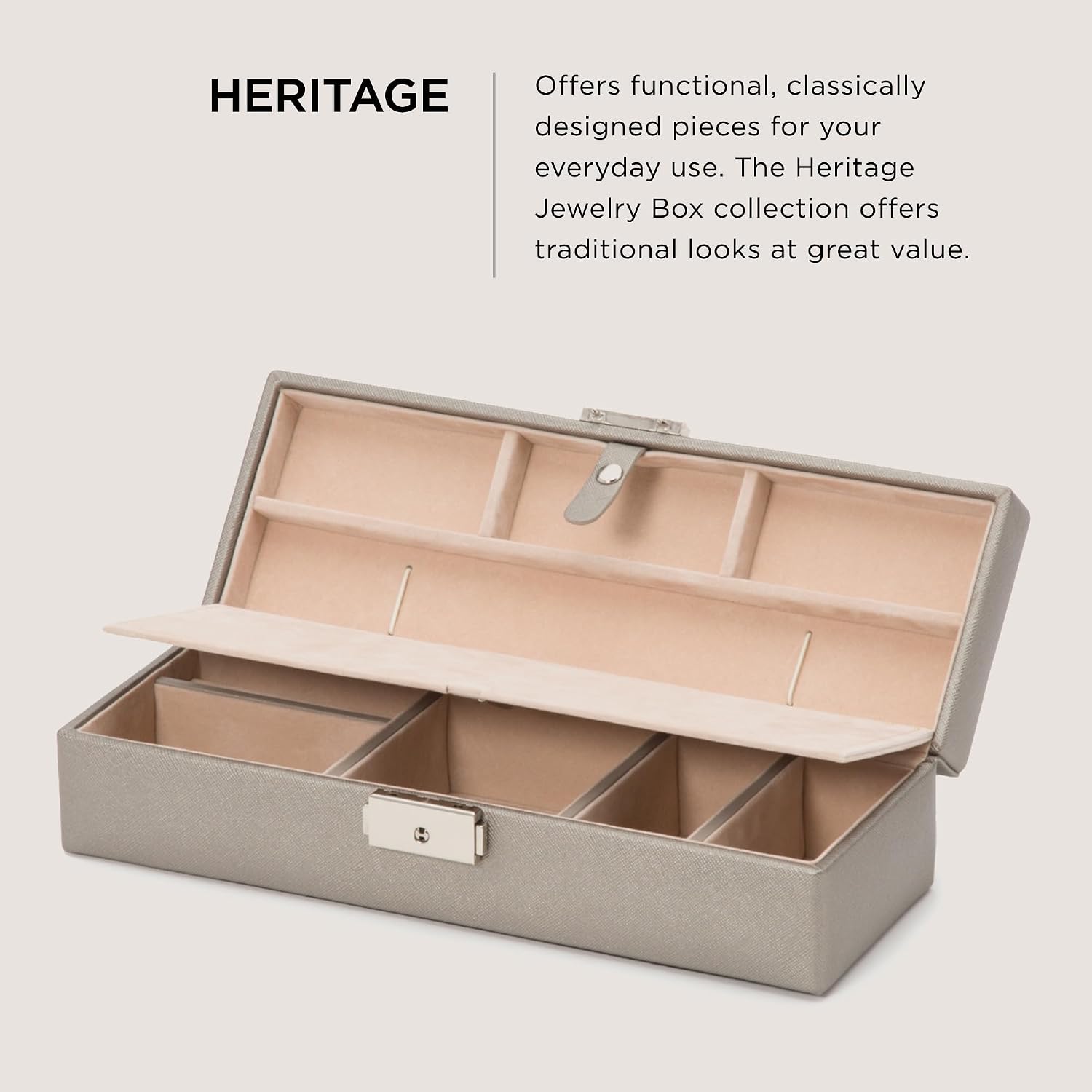 WOLF Heritage Safe Deposit, Pewter Saffiano - Seven Jewelry Compartments, One Ring Roll & One Watch Compartment - Includes Lock & Key