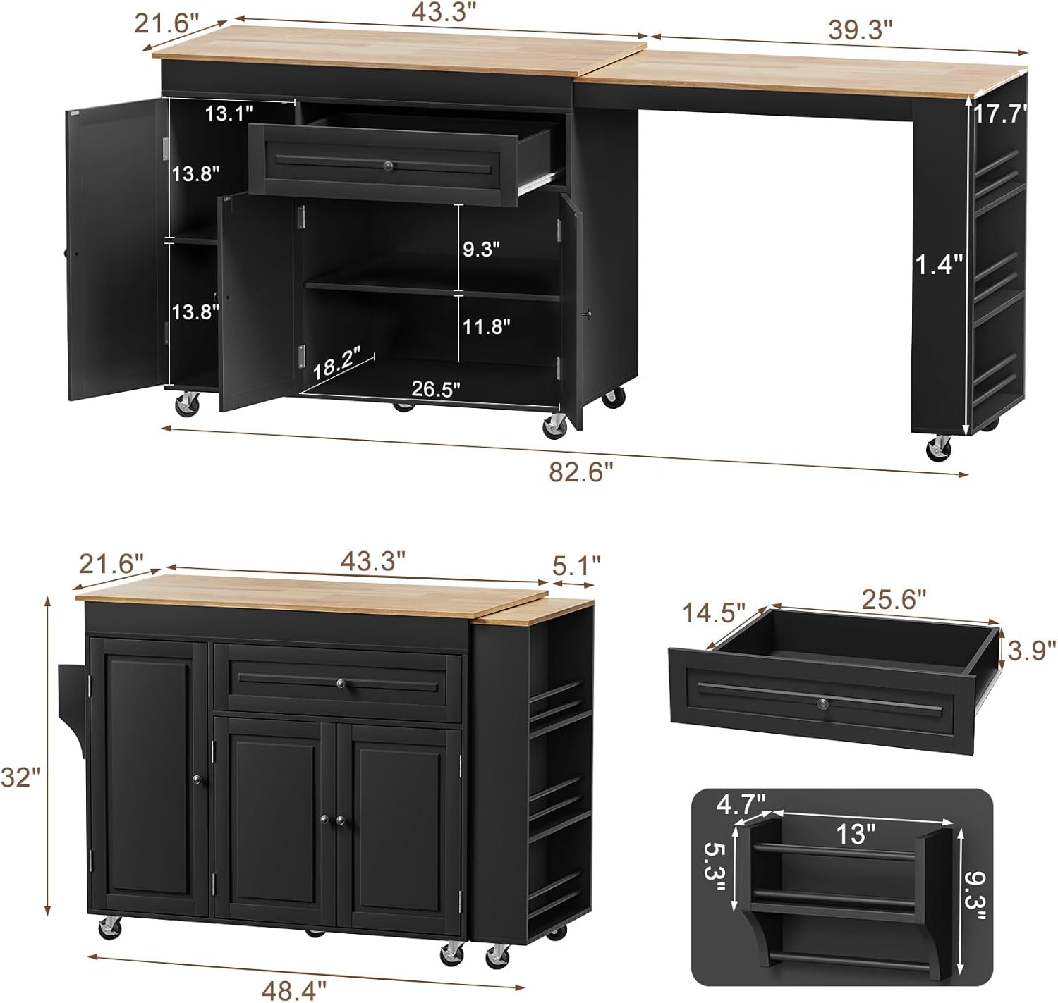 83' Expandable Kitchen Island on Wheels with Storage & Dining Table, Mobile Kitchen Cart with Cabinet, 3 Shelves & Drawers, Black (Extends from 48.4' to 82.6') (Black)