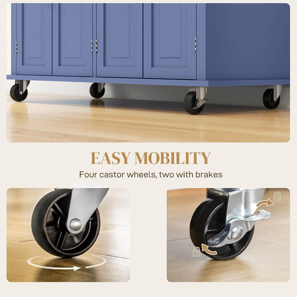 HOMCOM Kitchen Island Cart with Solid Wood Top, 44' Mobile Kitchen Island Table on Wheels with Storage Cabinets, 2 Drawers, Adjustable Shelves, Spice Rack & Towel Bar for Dining Room, Navy Blue