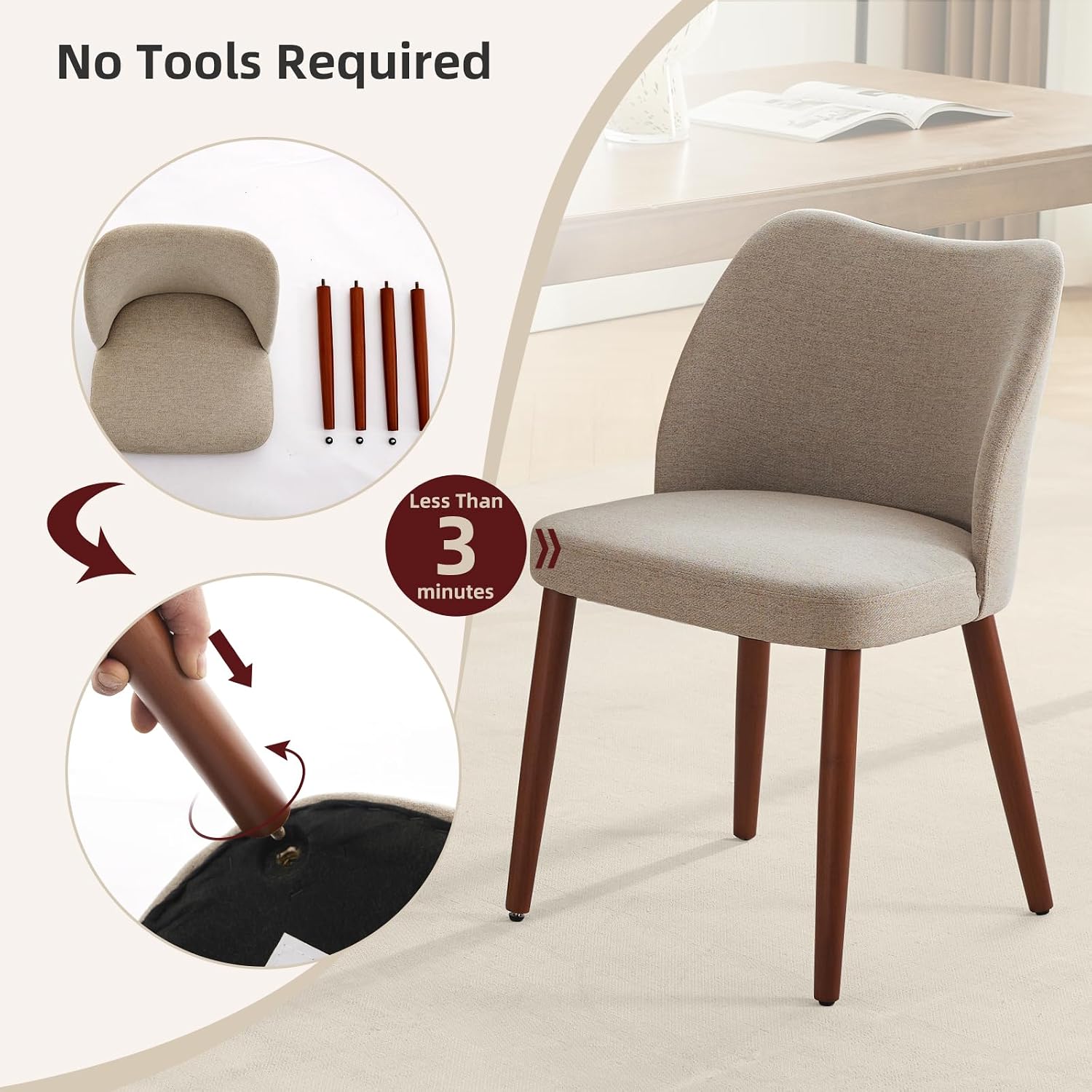 GarveeHome Linen Dining Chairs Set of 4 Upholstered Fabric Dining Chair with Wood Legs, Wing Backrest, Wooden Kitchen Chairs with Thick Cushions, Leveling Feet for Dining Room, Living Room, Khaki