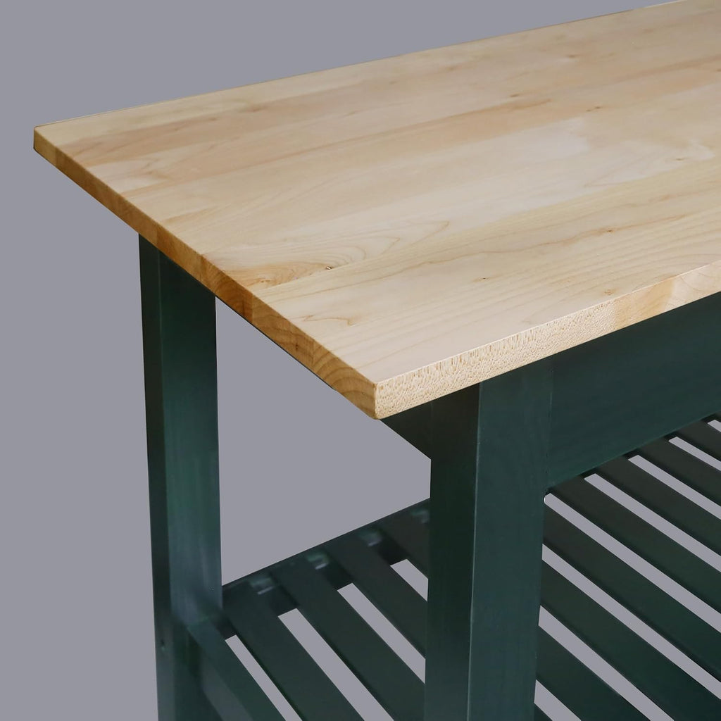 Kitchen Island with Solid Wood Top, Natural/Hunter Green